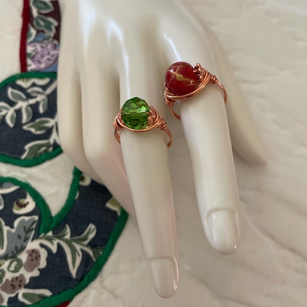 New Handmade Elegant Green and Red Wire Wrapped Rings Pair Beaded accents Size 8